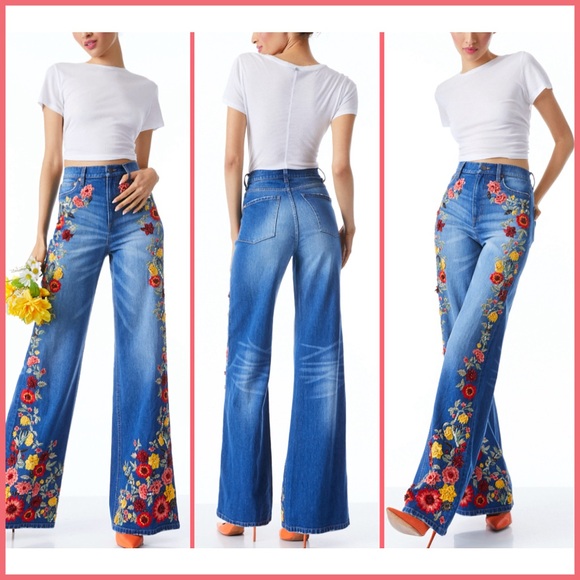 Alice + Olivia Gorgeous Floral Embroidered Wide Leg Jeans - Picture 8 of 17